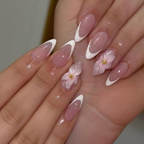 Nymora Press on Nails, 24 Unghie Finte a French Tip con Fiori 3D Rosa, Unghie Artificiali Riutilizzabili con Effetto Lucido, Kit Unghie per Donne