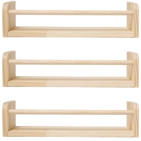 Pilikoll 3pcs 40cm Flotantes Estantes con Barra Protectora para Guardería | für Libros de Cuentos Revista, Estantes de Pared de Madera,Madera Estantes Organizadores de Libros,Estante de Pared de Madera