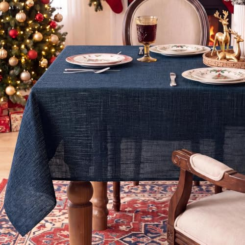 FIBORIA Navy Blue Christmas Table Cloth Faux Linen Rectangular 140x200 cm | Xmas Tablecloth Wipe Clean Water Resistant Wipeable Tablecloths for Dining Kitchen Party Banquet Indoor Decor, 55x78 inch