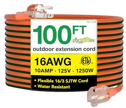 Go Green Power Inc. 16/3 100ft Outdoor Extension Cord - Heavy Duty, Lighted End, Contractor Grade SJTW Cable - Moisture & Abrasion Resistant - GG-13700
