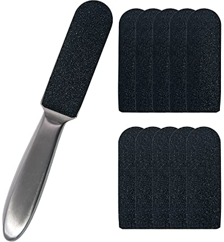 JUNFEIXUAN Lima profesional de pedicura y removedor de callos, lima de escofina de acero inoxidable con diez almohadillas de repuesto de grano gratis, limpiador de pies simple de dos lados para baño