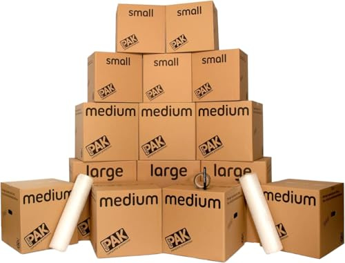 StorePAK 20 Box Cardboard House Moving Pack | Comprehensive 100% recycled 20-box house move pack (1,375L volume) with 5m bubble wrap, 2 rolls tape & marker pen.