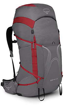 Osprey Eja Pro 55L Women's Backpacking Backpack, Dale Grey/Poinsettia Red, WM/L