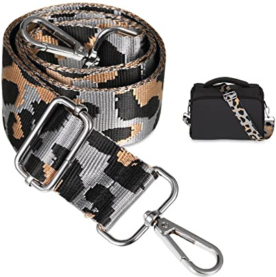 worahroe Replacement Handbag Straps Crossbody Shoulder Bag Straps Deep Gray | Leopard Print Nylon Bag Strap Adjustable 3.8cm W/31.5-51.18in L with Silver Clips,Bag Straps for Handbag Canvas Crossbody Bag