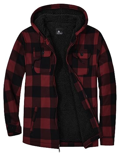 igeekwell Giacca in pile da uomo Camicia da uomo invernale con cappuccio per uomini Giacca a quadri per l'inverno Camicia in flanella con fodera in pile e cerniera Giacca da boscaiolo Giacca termica