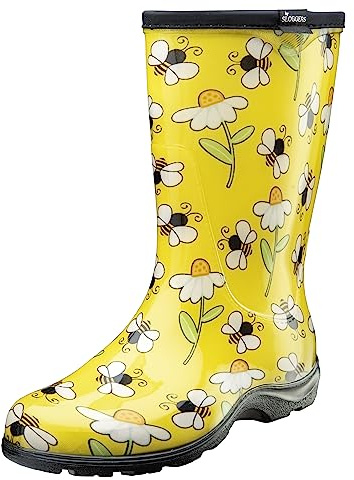 Sloggers Wasserdichte Garten-Regenstiefel für Damen – niedliche Schlamm- und Muck-Stiefel mit Premium-Komfort-Einlegesohle, Bienen-Aufdruck, Gelb, 43 EU