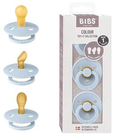 BIBS Colour Try-It Collection: 3 Soothers for Your Baby's Unique Needs, Round, Symmetrical and Anatomical Nipple. Natural Rubber Latex, 0+ Months (Pack of 3), Baby Blue