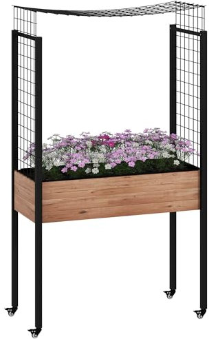 Outsunny Mesa de Cultivo con Ruedas Huerto Urbano Elevado con Enrejado Orificios de Drenaje para Plantas Trepadoras Flores Jardinera de Madera 110x49x190 cm Marrón