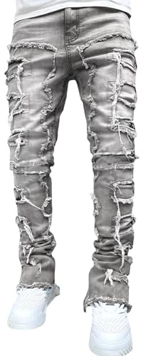 FantasyGears Mens Slim Fit Stretch Jeans Y2k Hip Hop Pants Grey Distressed Ripped Stacked Jeans Men
