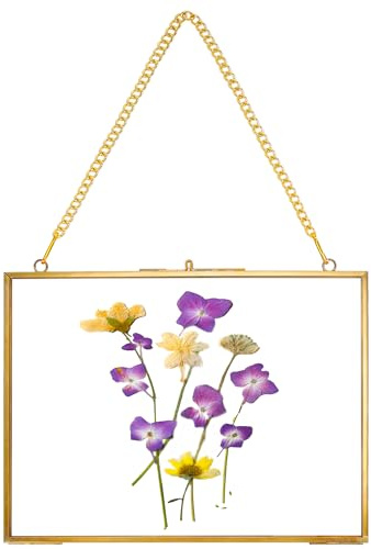 REDHUGO Hanging Pressed Flower Frame Handmade, Gold, 6×8 inches | Double Glass Picture Frame Floater frame Floating Frame for Pressed Flowers Home Wall Artwork, Rectangle Horizontal