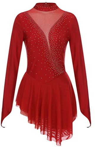 Vestido Patinaje Artístico de Manga Larga Mujer Leotardos de Danza Elegante borgoña B S