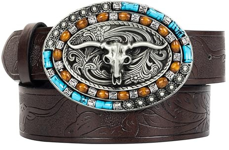 FGSS Western-Cowboy-Leather-Belts for Women Turquoise-Oval-Buckle Embossed Cowgirl Belt for Jeans Pants