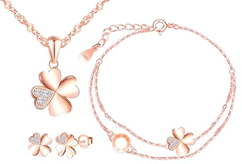 MICMIF Juegos de 3 Collar Pendientes y Pulsera para Mujer y Niñas, Colgante Trébol con Cadena 45cm, Aretes Trébol Circonita, Pulsera Trébol Oro Rosa, Plata de Ley 925 Conjuntos Joyas