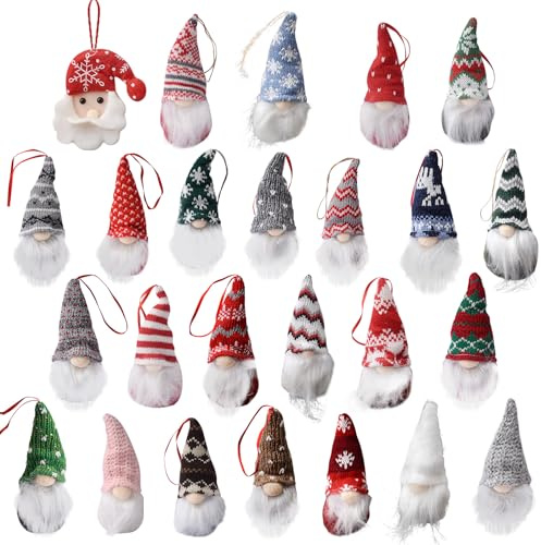Garden Gnomes Ornaments Set of 24 Handmade baubles Plush Gonks with Long Beards Mini Baubles Mini Figures Light up Gonks for Nordic Santa Elf Figurines for Tree decorations Fireplace Holiday