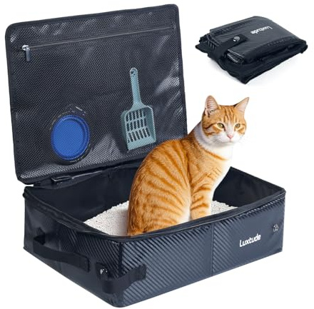 Luxtude Collapsible Travel Litter Box for Cats, Portable Litter Box with Lid, Comes with a Hard Non-Stick Bottom, Waterproof & Smell-Proof for Car, Hotel, and Outdoor Use, Includes a Bowl and Scoop