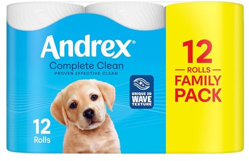 Andrex Complete Clean Toilet Tissue 12 Rolls (Previously Andrex Classic Clean) Unbeatable Toilet Paper with Unique 3D Wave, FSC Certified