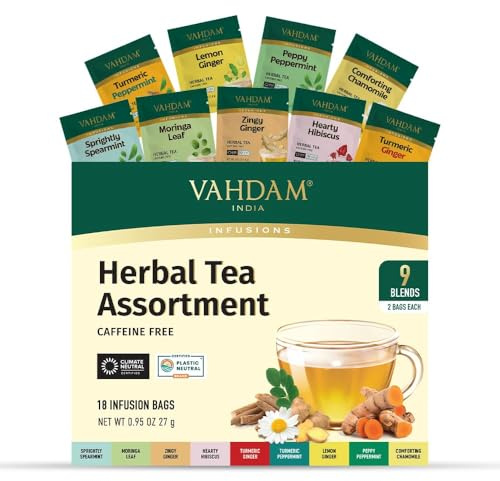 VAHDAM, Assorted Herbal Tea Sampler (18 Tea Bags, 9 Flavors) Caffeine-Free, Non-GMO | Double Infusion, Individually Enveloped Tea Bags | Herbal Tea Assortment