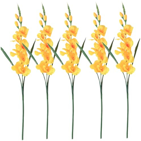 Gladiolus konstgjorda blommor, 5 st 65 cm lång stjälk, realistisk gladiolus med 3 knoppar och 7 blommor med lågt underhåll, dekorativt, falskt grönska för konstgjorda hemmet