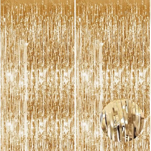 2pcs 3.2 x 8.3ft Glitter Champagne Gold Tinsel Curtain Streamers Door Fringe Foil Curtain Backdrop Birthday Party Decorations for Girls Women Hen Do Engagement Graduation Party Decor Banner