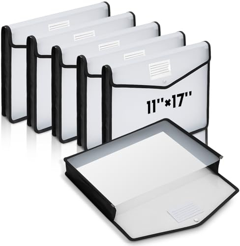 AmazingSpark 6 Pcs 11 x 17 Inch Expandable Tabloid Size Document Folder Organizers with Snap Closure & Label, Clear Plastic Expanding File Folder for A3 Ledger Size Plots Charts (Black)