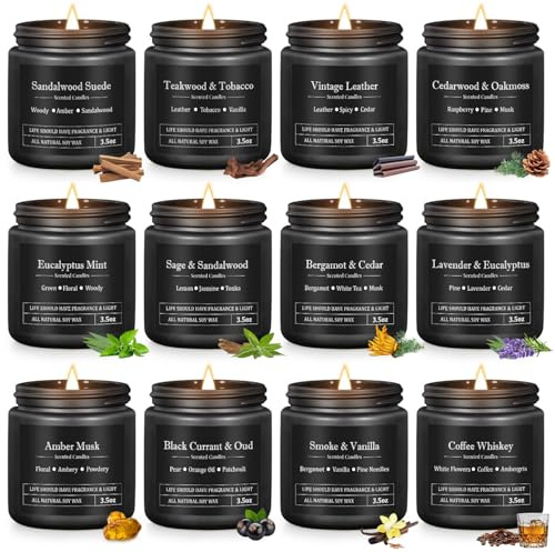 Duftkerzen für Männer, 12 Stück Soyawachs Duftkerzen Set, 1200g (43oz) Natürliche Aromakerzen mit 300h Brenndauer, Perfekte Geschenke zum Männer Geschenkset Kerzen für Vater/Ehemann/Bruder/Sohn