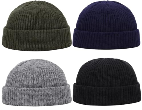 WaaRiuQ 4 Fisherman Beanie, Men's Fisherman's Hat, Mens Beanie Hat, Wooly Hat for All Seasons, Black Grey Green Navy