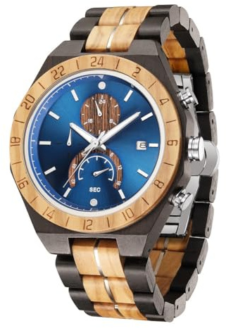 WASTIME Wooden Watch for Men Women, Stylish Chronograph Military Casual Calendar Wood Watches (A- Black&Blue)
