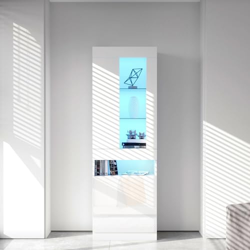Vetrina 50 x 40 x 180 cm bianco lucido con porta in vetro, porta in legno, scomparti aperti, illuminazione a LED, 2 ripiani in vetro, armadietto alto per buffet, credenza soggiorno e sala da pranzo