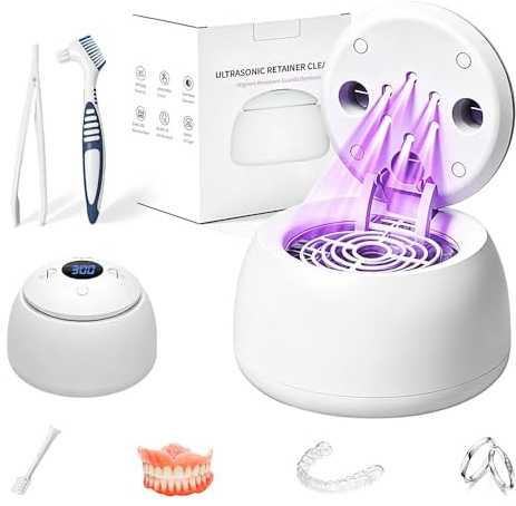 Ultrasonic Retainer Cleaner, 45kHz Ultrasonic Denture Cleaner with 6U-V Light & Digital Timer, 200ML Retainer Cleaner Machine for Dentures, Nightguards, Mouth Guards, Braces, Toothbrush Heads, Jewelry