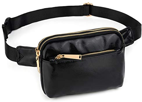 Bumbags for Ladies Sports Travel Fanny Pack Women Men Fashion Waist Packs Mother Mum Fits Mobile Phone Golden Zippers Waterproof Vegan Leather by UTO Black