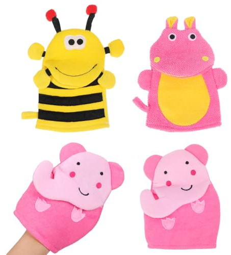 Lurrose Kids Bath Sponge Gloves 3 pack Baby Bath Mitts for Newborns Toddlers and Children Soft Shower Scrubber with Easy Grip Cartoon Animal Shape for Time