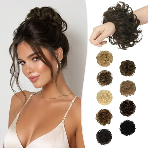 RUWISS Chignon Capelli Veri, Chignon Finto per Capelli Umani Ricci Ondulato Posticcio per Capelli Chignon con Elastico Donna (Marrone Naturale)