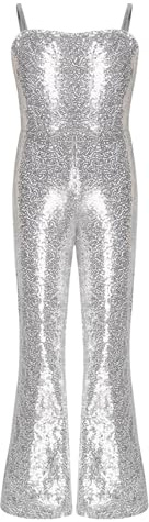 Runhomal Kids Girls Halloween Carnival Shiny Sequins Dance Jumpsuit Sleeveless Leotard Full Length Bodysuit Silver 9-10 Years