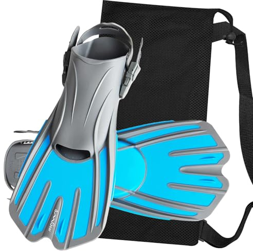 OMGear Swim Fins Short Snorkel Fins Dive Flippers for Lap Swimming Pool Snorkeling Gear Travel Size for Adult Men Women(GrayAqua,S/M)