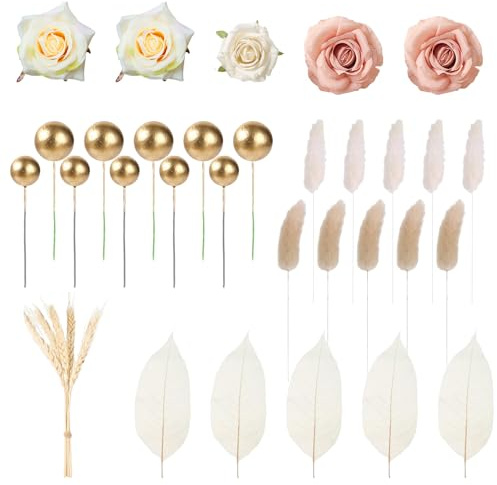 Huoflame Lot de 35 décorations de gâteau bohème avec herbe de la pampa, boules dorées, roses, feuilles de palmier, décoration élégante pour anniversaire, mariage, fête prénatale