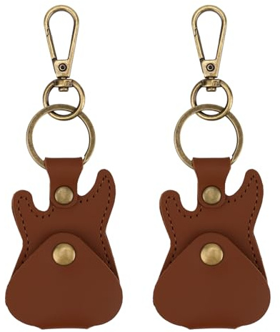 Penitue 2pcs Leather Guitar Pick Holder Keychains, Portable Guitar Shaped Plectrum Case Key Chain Charm Ring Keyring with Snap Hook Pick Storage Bag for Music Players & Lovers