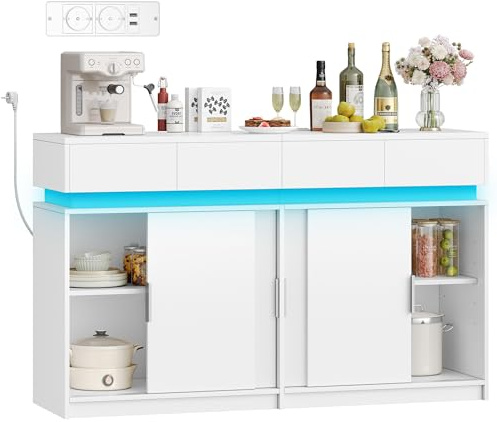 Hzuaneri Sideboard mit 4 Schubladen, Küchenschrank mit 4 Schiebetüren, Buffetschrank mit Steckdosenleiste und LED-Licht, verstellbares Regal, Küche, Wohnraum, 40 x 140 x 85 cm, Weiß SC00403XEU
