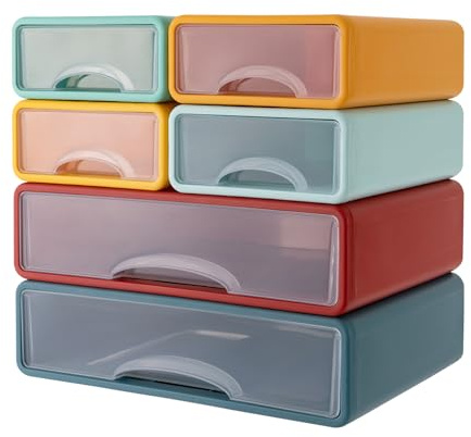Stapelbarer Schreibtisch-Organizer mit 6 Schubladen, 4-Tier Büro Aufbewahrungsbox, Schreibtisch Schubladenbox für Büromaterial, Schmuck, Schreibwaren, 34x25x33 cm (Bunt)