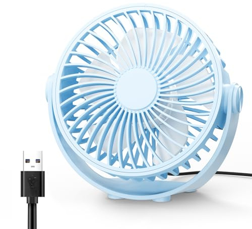 TriPole Desk Fan, Portable USB Fan Ultra Quiet, 3 Speed Powerful Table Fans with 360° Adjustable Head, Small Mini Fans for Office, Bedroom, Car, Kitchen, Outdoor (Blue)