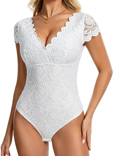 Joyshaper Women Lace Bodysuit Deep V Neck Body Suit Sexy Leotard Tops | Short Sleeve Elegant Ladies Blouses