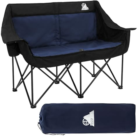 ECD Germany Canapé de Camping pour 2 Personnes Pliable, Bleu, Rembourré, Structure en Acier avec Porte-Gobelets et Sac de Transport, Chaise de Pêche et Jardin Double, Légère Pliante pour Extérieur