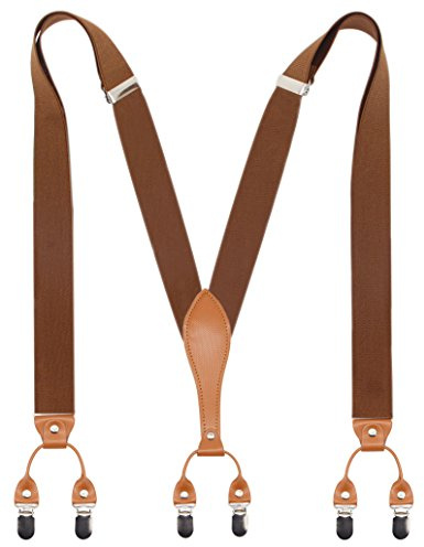 Timiot Mens Suspender Wide Leather 6 Metal Clips Adjustable Straps Y Shape (Coffe)