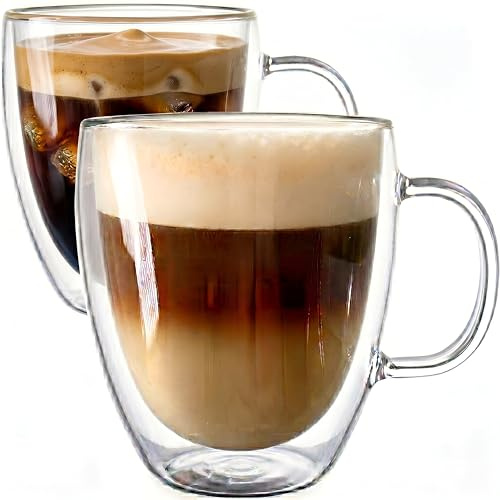 MAMMOTH 2X 350ml Classic Double Walled Borosilicate Glass Coffee Cups – Heat Resistant Insulated Mugs for Hot & Cold Drinks