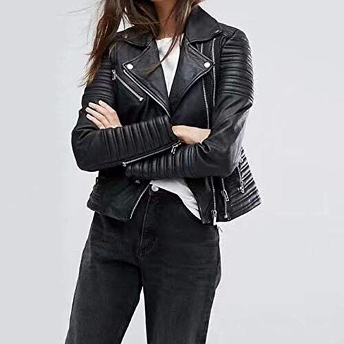 Chaqueta De Cuero para Mujer,Mujer Otoño Invierno Chaqueta De Cuero PU Sólida Abrigos Casuales Cuello Negro con Bolsillos con Cremallera Ropa Delgada Corta Bolsillos Negros Chaquetas De Motorista