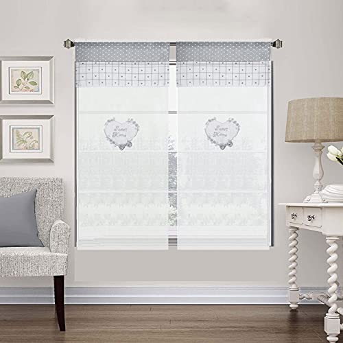 Coppia Tendine Finestra Shabby Chic Cuore in Tessuto Ricamata Sweet Home, Tenda 60x240cm 3D Fiocco Grigio Bianco