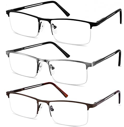 JJWELL 3 Pack Reading Glasses for Men Blue Light Blocking, Lightweight Metal Rectangle Semi Rimless Readers for Men, Anti Eyestrain/UV, Half Frame Spring Hinge Eyeglasses with Pouches 125