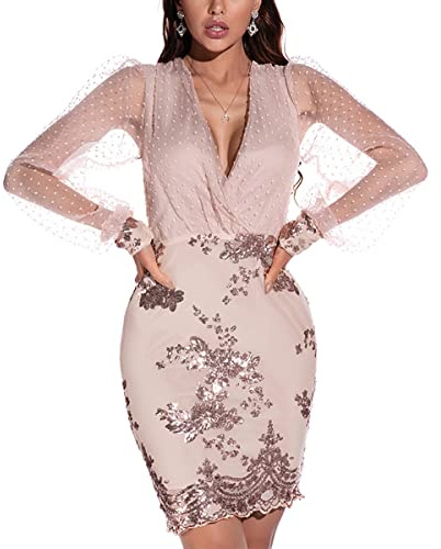 Onsoyours Robe De Cocktail Courte Sexy Pour Femme - Col en V Rétro Élégant Mini en Maille À Manches Longues - Une Ligne De Soirée Festive - Abricot M