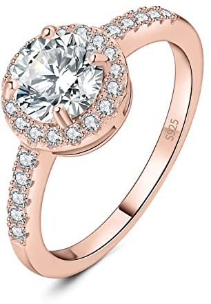 JewelryPalace 1.55ct Halo Cubic Zirconia Bague Taille Rond Pierre Argent Massif 925 Femme, Plaqué Or Rose Bague Diamant Simulé Fiançailles Mariage Promise Alliance, Ensemble Bijoux Mariee
