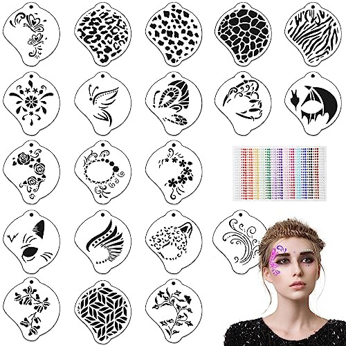 OOTSR 20 Stencil per Pittura e 900 Strass Viso per Bambini Adulto, Brillantini Make-Up Stencil di Occhio Riutilizzabile per Festival Mascherata Compleanno, Modello di Pittura per Trucco