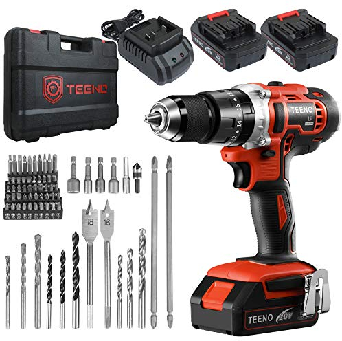 TEENO Taladro atornillador inalámbrico 2 x 2.0Ah baterías, destornillador desatornillador 45Nm Taladro percusión, 69 accesorios,2 Velocidad, LED Luz Para Hogar, Bricolaje